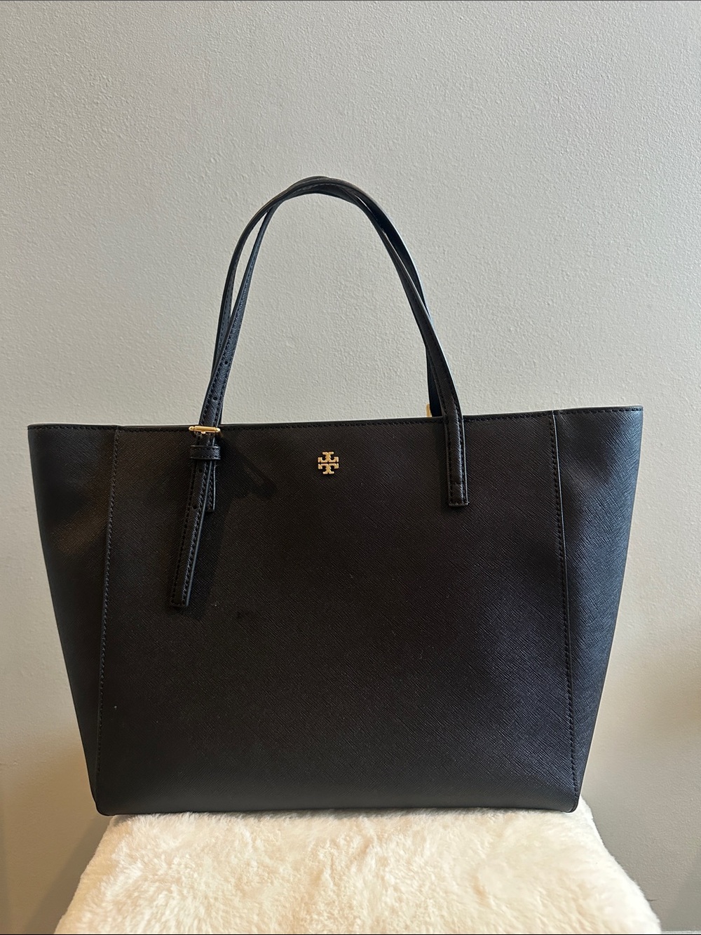 Tory Burch Black Leather Tote with Gold Logo